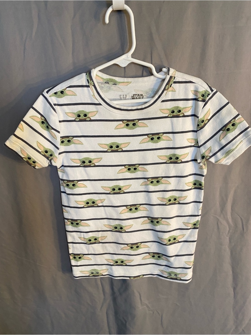 Star Wars Kids Tee with Green Grogu Heads on White Stripes
